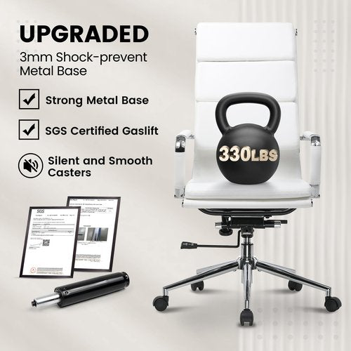 GTPOFFICE Ribbed Office Desk Chair High Back Ergonomic Chair with Wheels Cute Modern Executive Chair Bonded Leather Lumbar Support Computer Chair Swivel Tilt, Snow White