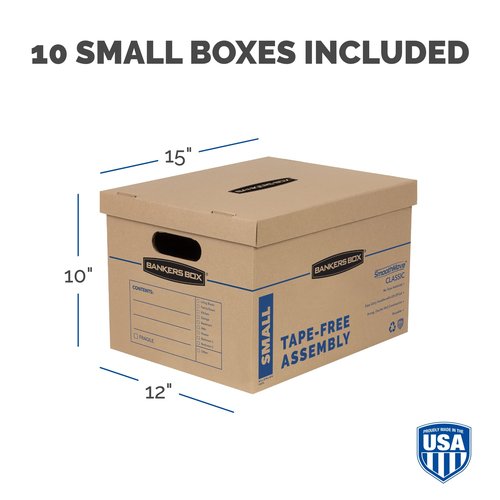 Bankers Box SmoothMove Wardrobe Moving Boxes, 3 Pack (7711001) SmoothMove Classic Moving Boxes, Tape-Free Assembly, Easy Carry Handles, Small, 15 x 12 x 10 Inches, Brown