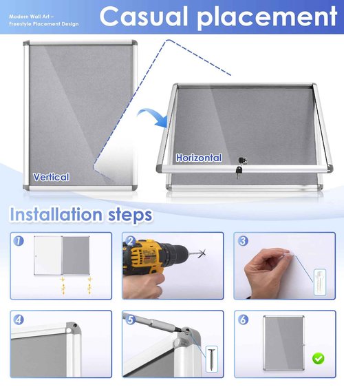 SWANCROWN Enclosed Bulletin Board 24x18 in, Tamperproof Lockable Grey Felt Board Wall Display Case for Office School Home, Aluminum Frame