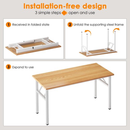 SDHYL 47 inches No Assembly Foldable Computer Desk for Home Office Workstation, Simple Folding Study and Writing Table with Metal Frame, Teak and White