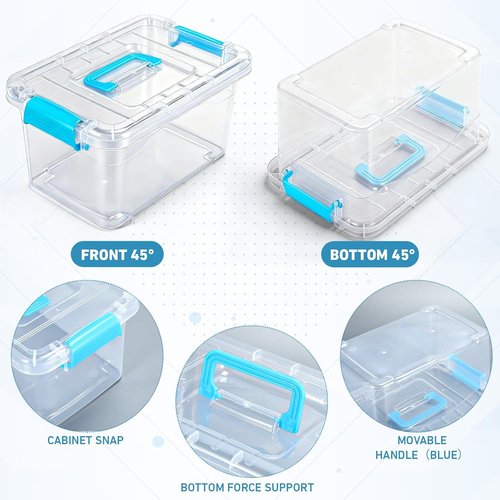 Jetec 8-Pack Clear Plastic Storage Bins - Stackable Organizer with Lids & Blue Handles | 6.5 Qt, 11.02 x 7.48 x 6.02''