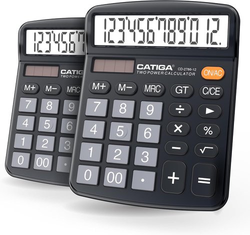 CATIGA 12-Digit Desktop Calculator - Large LCD Display, Dual Power, 2-Pack | Ideal for Office & School