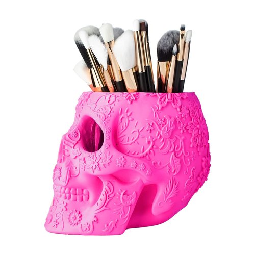Skull Makeup Brush Holder, Pen Holder, Vanity, Desk, Office Organizer, Stationary, Decor Planter, Candy Bowl, Goth Decorations, Extra Large, Skulls Gothic Skull & Bones Organizer Bathroom (Pink)