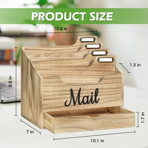 ANRXNCY Desk Mail Holder with 4 Compartments and Drawer, Wood Mail Holder Sorter Holder,Countertop Desk Office Accessories for File Letter Paper Folder, Drawer Organizer