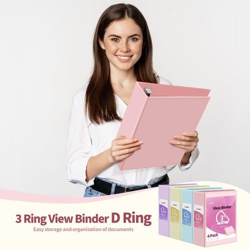 SUNEE 3 Ring Binder 3 Inch D Ring, Clear View Binder Three Ring PVC-Free (Fit 8.5x11 Inches) for School or Office Supplies, Assorted Pastel, 4 Pack