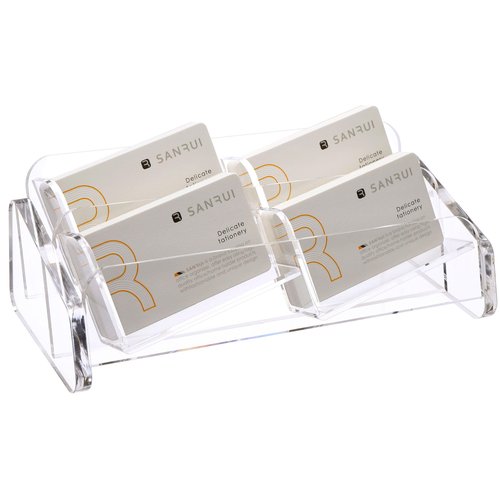 SANRUI Business Card Holder for Desk, Slant Clear Acrylic Desktop Cards Organizer, 2 Tier 4 Slots, Holds 240 Cards