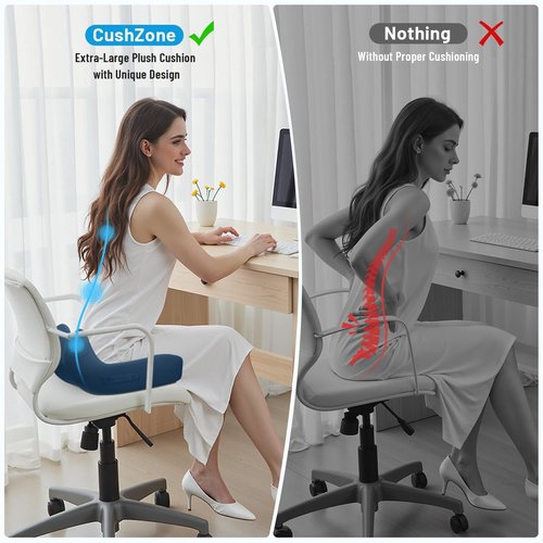 Cushzone Seat Cushion, Memory Foam Office Chair Cushions, Ergonomic Curved Design for Sciatica, Tailbone, Coccyx, Seat Support for Car, Desk Chair, Wheelchair, Enhances Long Sitting Comfort (Blue)