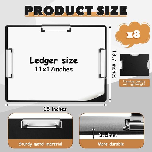 Tenceur 8 Pcs Extra Large 11x17 Clipboard - Horizontal Three Clip Plastic Clipboard for School, Office, Home & Teachers