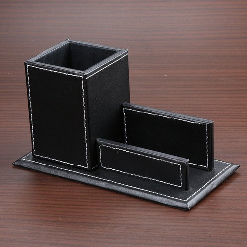 KINGFOM PU Leather Desk Organizer and Accessories, Pencil Holder for Desk with Business Cards Stand, School Office Supplies Collection Caddy Black