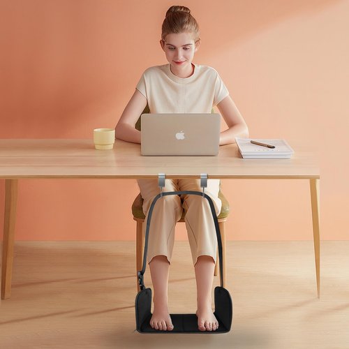PENGARO Airplane Foot Rest, Office Footrest Under Desk with 4 Hooks, Widen Airplane Footrest Flight Hammock Memory Foam Travel Foot Sling for Work Gaming Travel Essentials, Black