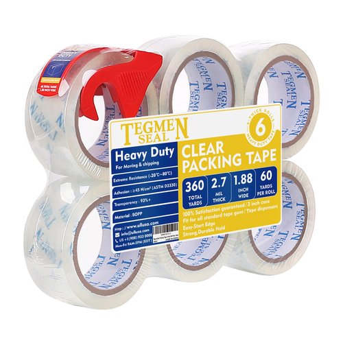 TegmenSeal Heavy Duty Clear Packing Tape with Dispenser Combo for Shipping, Moving & Storage,Thicker Clear Packing Tape, 1.88 inches Wide, 60 Yards Per Roll, 6 Pack 360 Total Yards