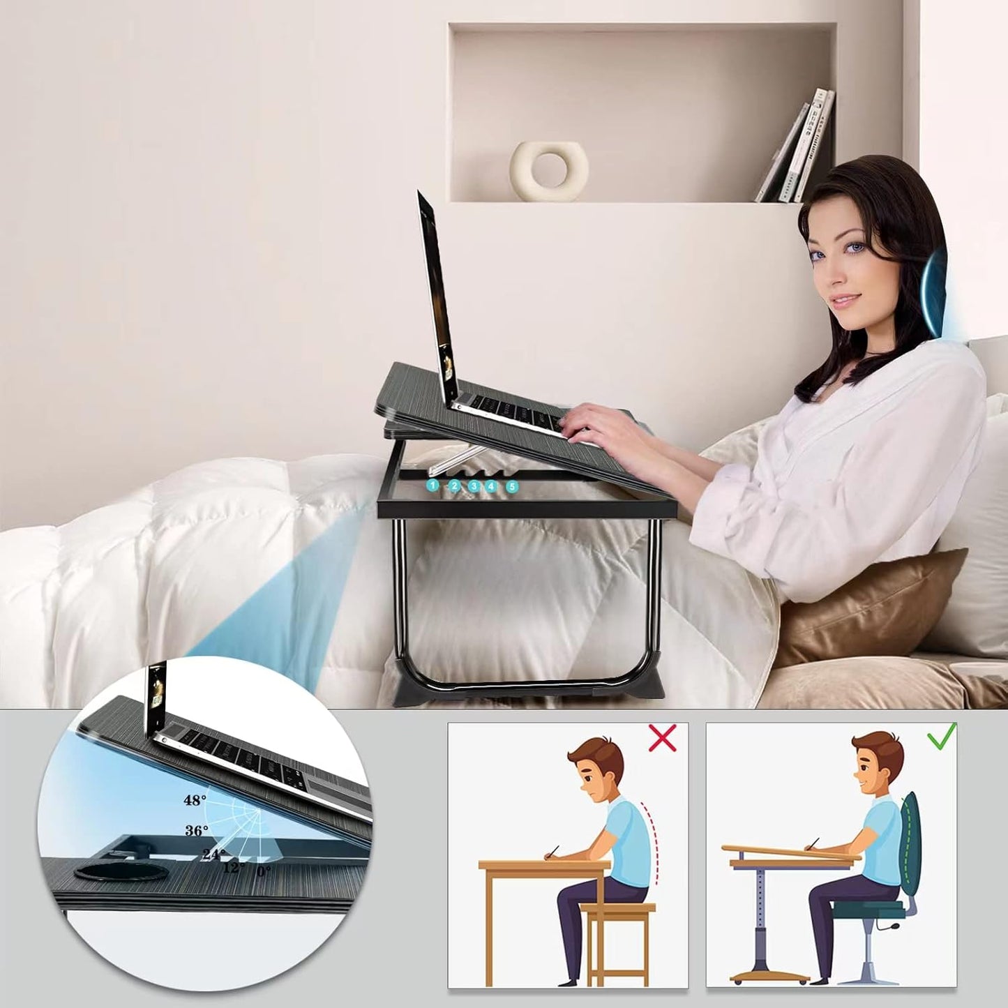 Skiennix Portable Laptop Desk - Adjustable Foldable Bed Table with Cup Holder | Black