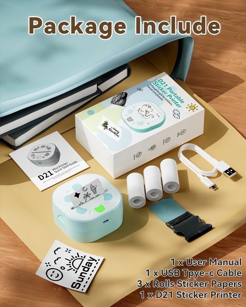 NDYIN Sticker Printer, PrintPods Mini Printer, Bluetooth Portable Sticker Maker with 3 Rolls Paper, Print Pod Inkless Thermal Printers for iphone, Impresora Portátil for Notes, Journal, DIY, Kids Gift