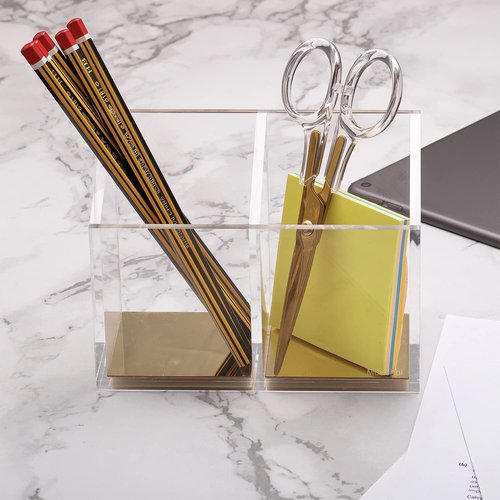 Modern Acrylic Pen Holder with 2 Compartments Gold Base, Multifunctional Pencil Holder for Desk Gold Mirror, Makeup Brush Holder, Marker Holder for Office, Classroom, Home