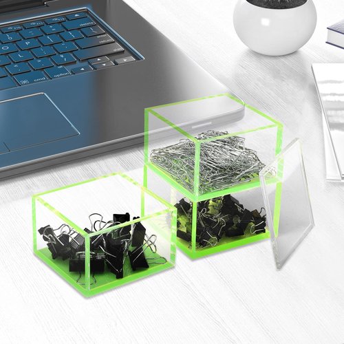 Acrylic Paper Clip Holder Stackable Paperclip Holders with Lid for Desk Small Office Supply Storage Boxes, Pack of 3, Neon Green