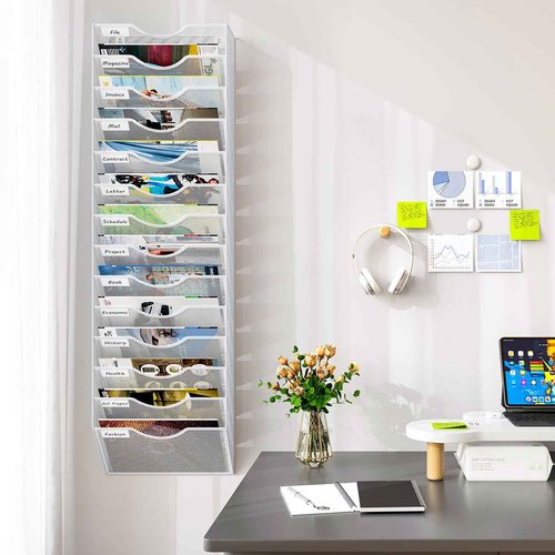 PAG-Mass 14 Pockets Hanging Wall File Organizer, Office Organization Wall Mount Mail Sorter Paper Holder Bill Organizer for Home, White
