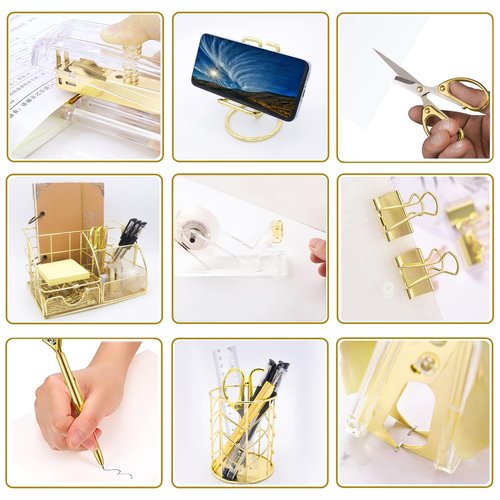 FERXIDI Gold Desk Organizers and Accessories,Office Supplies for Desk,13PS Set with Acrylic Stapler,Tape Dispenser,Staple Remover,Pen Holder,Clips,Scissor, Phone Holder,Pen