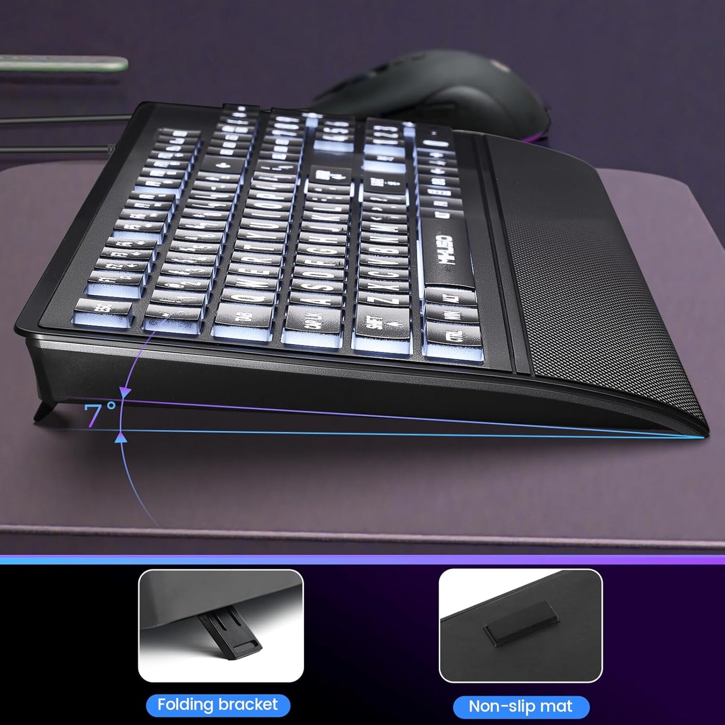 Skiennix Large Print Keyboard - High Contrast Black Keys with White Backlight | 104 Full Size for Low Vision