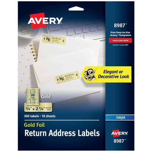 Avery Gold Address Labels for Inkjet Printers, 3/4" x 2-1/4", 300 Labels, 5 Packs (8987)