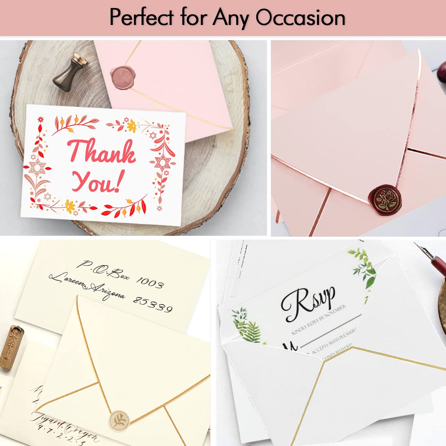 A7 Pink Envelopes 50 Pack With Rose Gold Border Christmas Envelopes Quick Self Seal, For 5x7 Cards| Perfect for Weddings, Invitations, Photos, Graduation, Baby Shower (Pink-rose golden border)