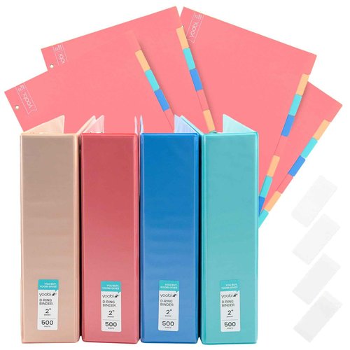 Yoobi 2 Inch Binder and 8 Tab Dividers Set, 4 Pack of 3 Ring Binders with Plastic Cover, 2 Pockets and D Rings, 4 Pack of Binder Organizer Tabs with Blank Sticky Labels, Office or School Supplies