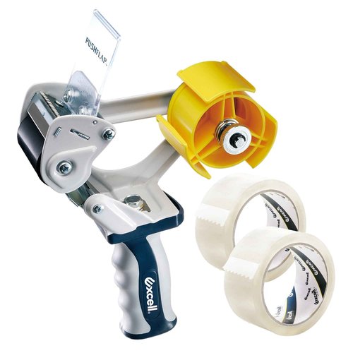Excell EXC-828PL PUSHFLAP Tape Dispenser (2 Inch Wide), Manual, Metal/Plastic, 3 Inch Core for Carton Sealing & Packing, Easy One-Hand Operation - 1 Set + 2 Rolls of Transparent Tape