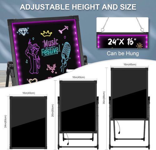 LED Menu Board - 24" x 16" Illuminated Writing Board with Remote Control & Neon Effect | Includes 8 Chalk Markers & Eraser