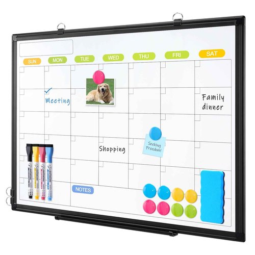 Dry Erase Calendar Whiteboard for Wall, WALGLASS 24" x 18" Magnetic White Board, Monthly Dry Erase Calendar with Black Aluminum Frame, Double-Sided Hanging Portable Board for Office, Home, School