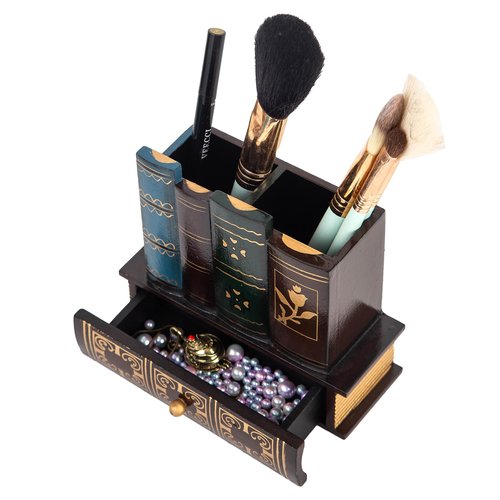VERGOODR Decorative Pencil and Pen Holder with Storage Drawer, Wooden Desk Organizer Caddy, Antique Library Books Design Pen Cup for Office Supplies, Countertop, Desk,Table (Red)