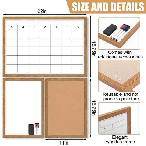 3 Pcs Rustic Weekly Planner Dry Erase Board Kit, 1 Dry Erase Calendar, 1 Linen Board, 1 Whiteboard, Wood Frame Wall Mounted Whiteboard Combo for Office, Home, School (5 Thumbtacks 3 Markers 1 Eraser)