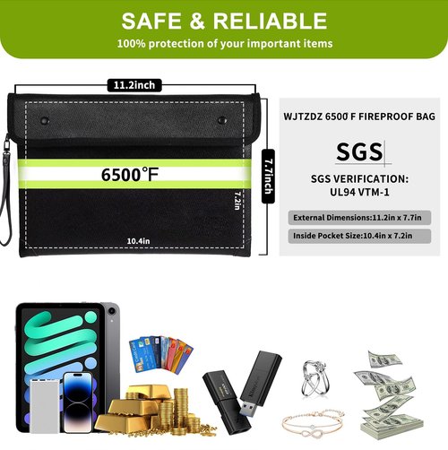 6500°F Fireproof Document Bag,Upgraded Fireproof Money Bag with Waterproof Zipper,10 Layers Heat Insulated Materials/Reflective Strip with Handle for Important Documents