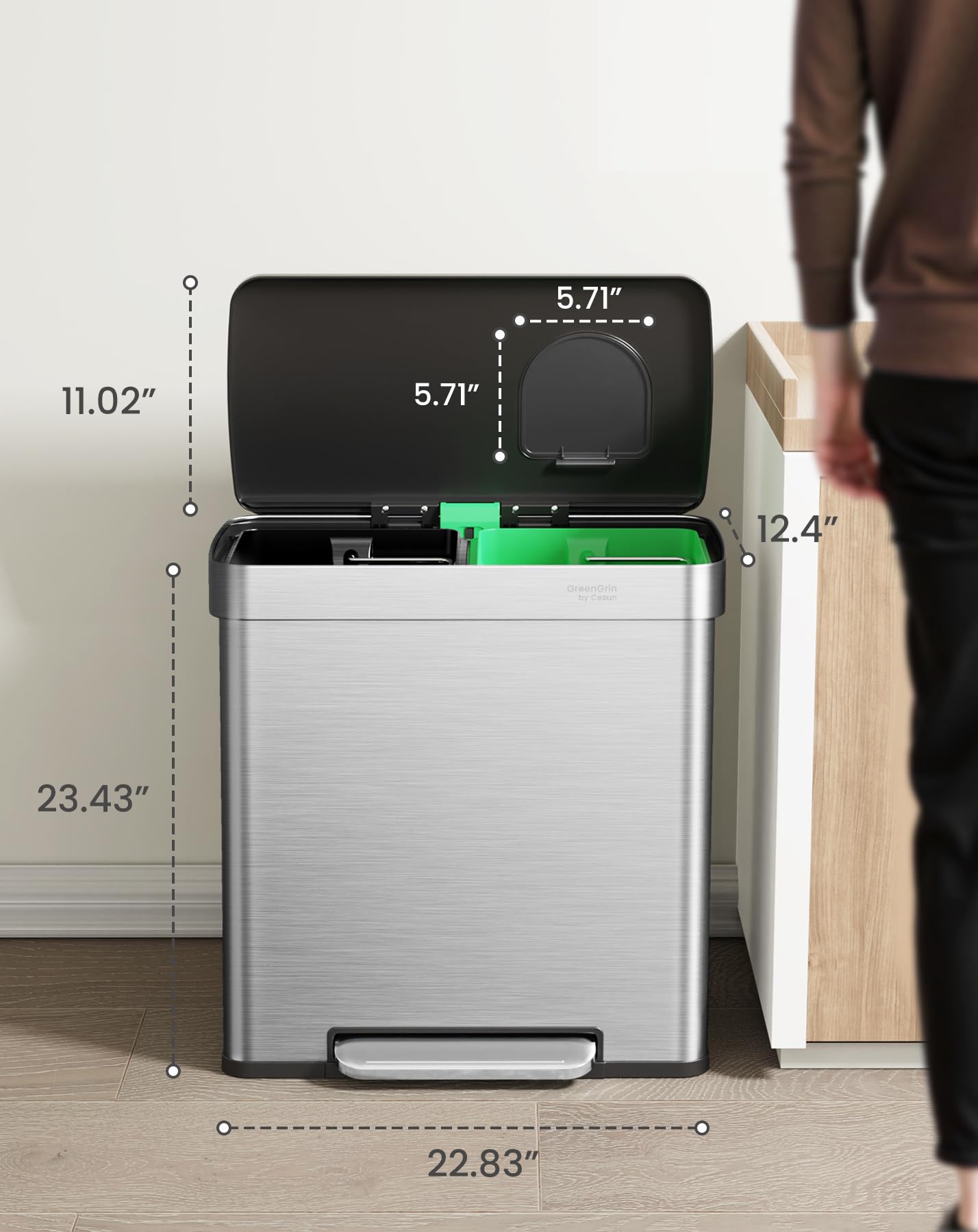 Cesun GreenGrin Kitchen Trash Can, 2x8 Gallon Dual Compartment Trash and Recycle Bin Combo, Double Stainless Steel Step Garbage Can with Lid,Recycling Push Flap,Removable Inner Buckets,30L+30L(Sliver)