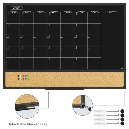 JILoffice Magnetic Black Calendar Dry Erase Board & Bulletin Board Combo, 36 x 24 Inch Dry Erase Board for Liquid Chalk Markers, Black Aluminum Frame for Office Home and School with 10 Push Pins
