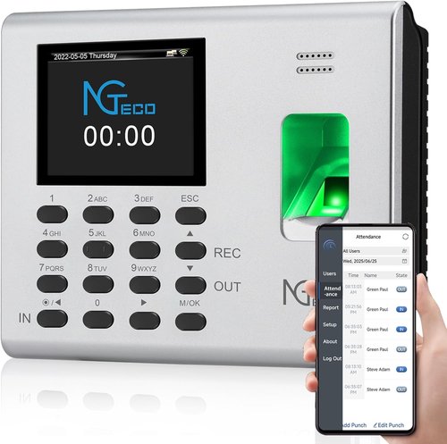 NGTeco Fingerprint Time Clock - APP-Based Employee Time Tracking with Mobile Sync & Battery Backup