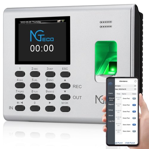 NGTeco Time Clock for Small Business, 2.4GHz WiFi Fingerprint Employee Time Card Machine with iOS/Android App, Automatic Punch in/Out, Battery Backup, No Monthly Fees