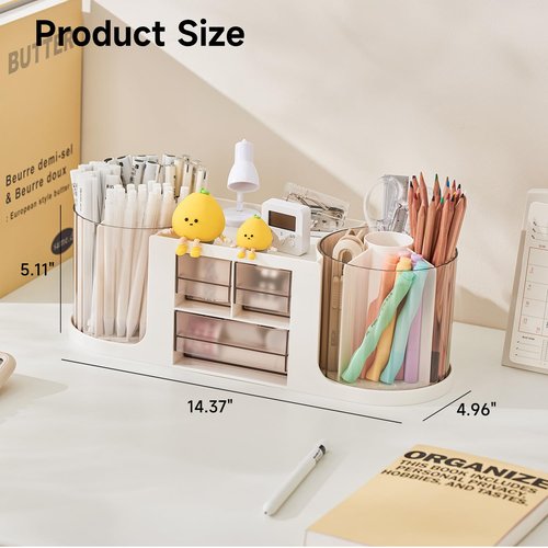 UFORU Dual Rotating Pen Holder and Drawer Organizer with 360° Smooth Rotation and Detachable Design Art Supplies Storage Box for Home, Office Classroom (Grey)