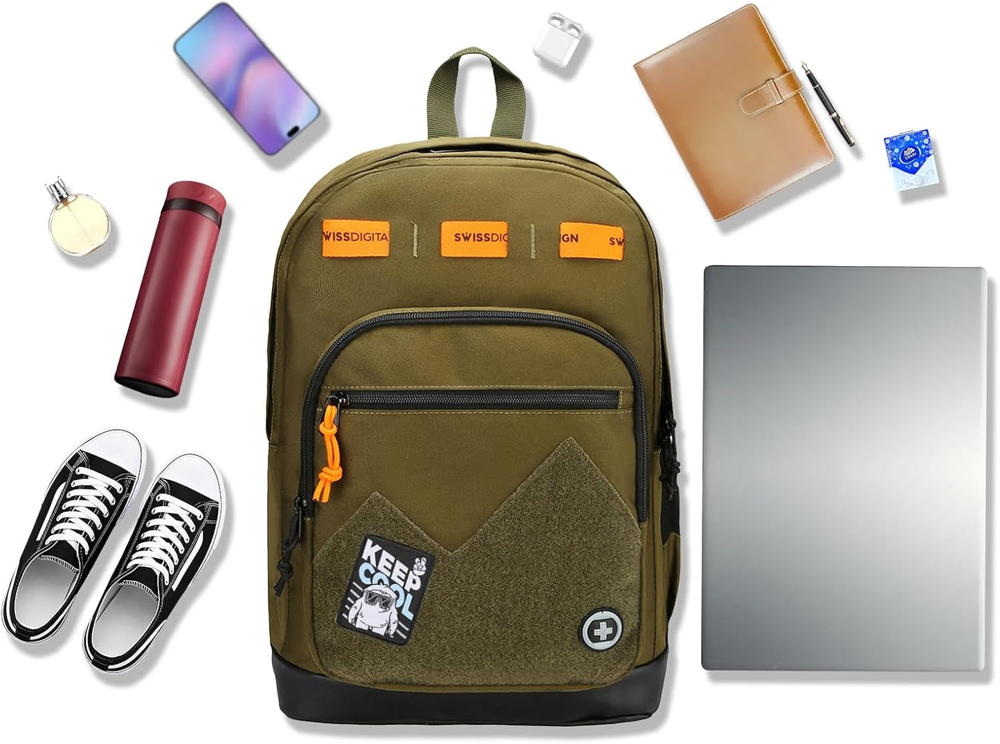Swissdigital Big Student Laptop Backpack - Fun Personalized Patches for Teens | Olive Color - SD1718-26