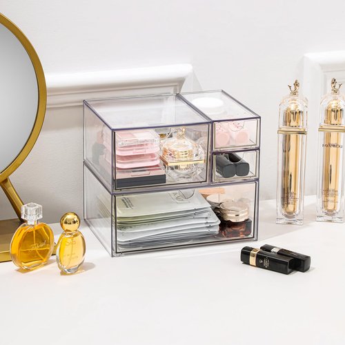 WUHUME Makeup Drawer Organizer, Desk Drawer Organizer With 4 Drawers, 3 Different Sizes, Suitable For Office Desk, Bathroom, Bedroom, Jewelry, Stationery, Handicraft Storage And Organization, clear