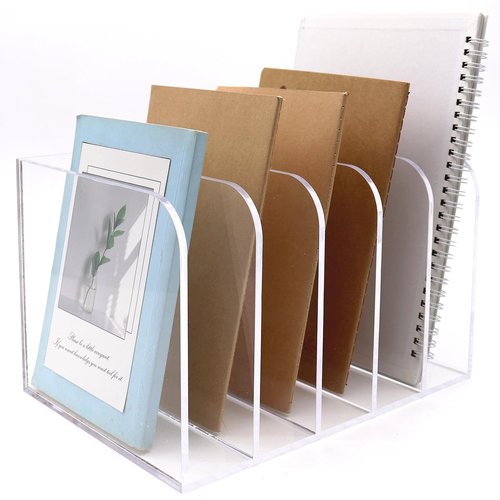Clear Acrylic Magazine File Holder, Thickened Magazine Book Rack Desk File Organizer with 5 Vertical Compartments for Office Home Desk Organization