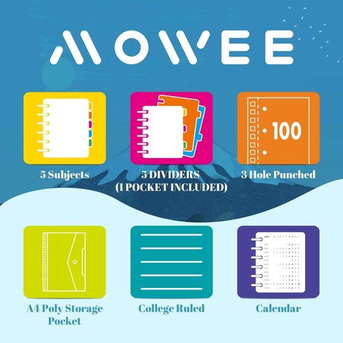 MOWEE 2 Pack- 5 Subject Notebook, College Ruled Notebook 3-Hole Punched With Dividers, Storage Pockets, 11" Ruler, 200 Pages, for Writing Journal, Home &Office, School Supplies（RB）