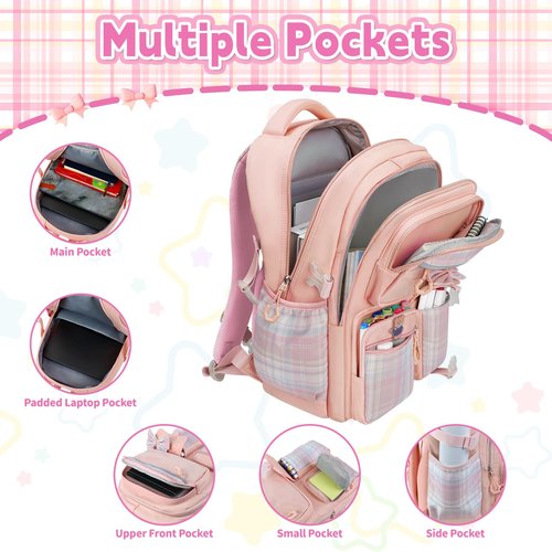 LEWKANA Girls Backpack with Lunch Box Set, 5pc Pink Cute Kawaii Bookbag for Teens, Aesthetic School Backpack for Elementary