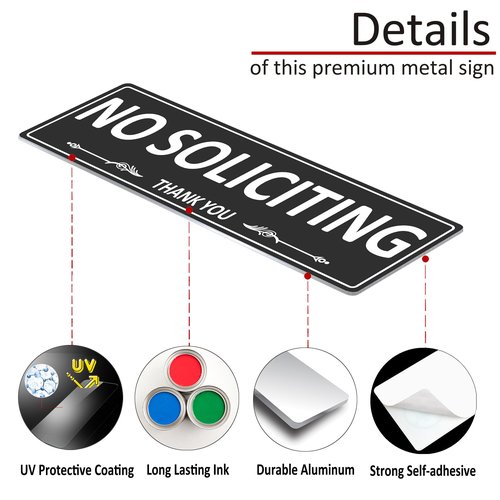 i-CowFun (2 Pack) Premium Metal Self-Adhesive No Soliciting Sign for Front Door, 7.5 x 2.5 Inches Aluminum No Solicitation Signs for House, Business, Home, Office, Window, No Fade, Rust Free
