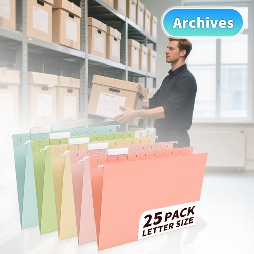 25-Pack Pastel Hanging File Folders, Letter Size (8.5"x11") with 1/5-Cut Tabs,35 Transparent Label Cards, 50 Sticker Labels–Home Office & Filing Cabinets