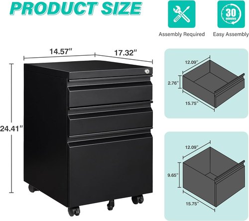 Regine Switzerland 3 Drawer File Cabinet - Lockable Rolling Metal Filing Cabinet in Black | Fits A4/Letter/Legal Files