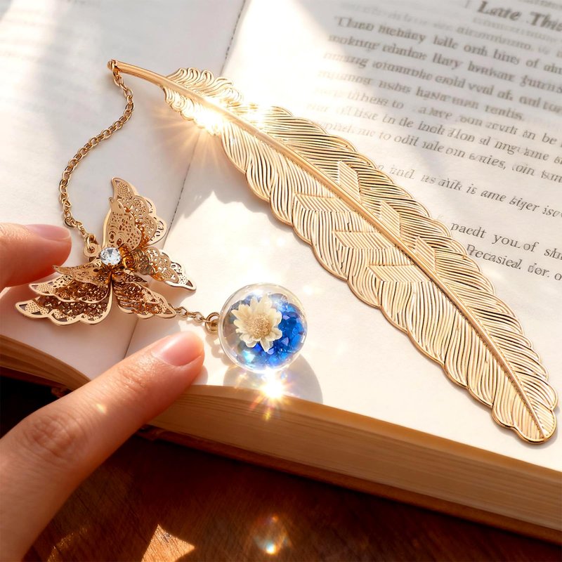 Teacher Retirement Gifts - Metal Feather Bookmark with 3D Butterfly & Real Dried Flower Pendant - Bookmark for Women & Book Lovers Under 10 Dollars - Gift Box Included
