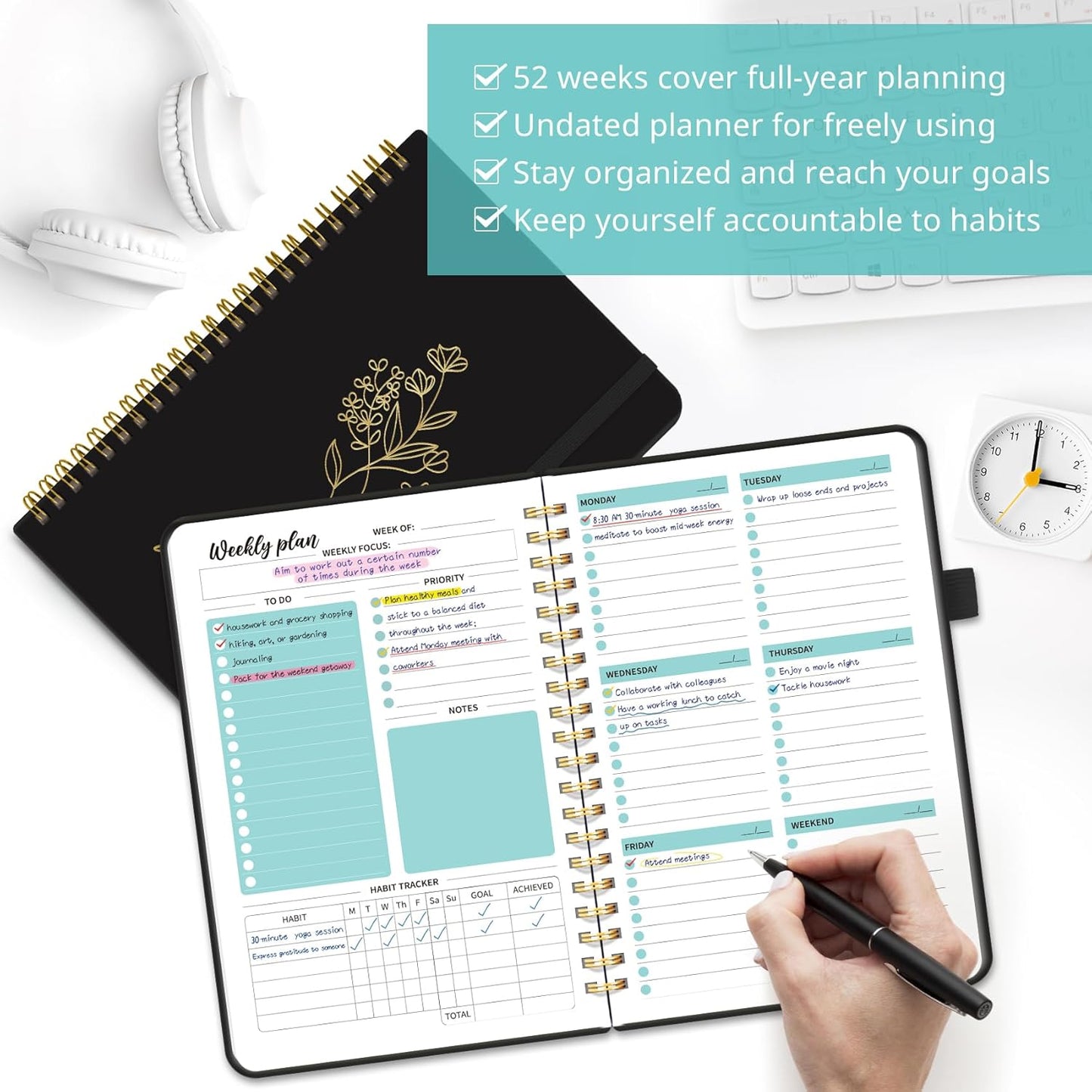 Undated Weekly Planner - A5 Goal & Habit Tracker Notebook with Spiral Binding | 6.1" x 8.2" - Black