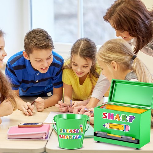 Yaocom Stainless Steel Pencil Dispenser Pen Holder Pencil Bucket with 2 Stickers Small Metal Bucket with Handle for Bulk Pencils Storage Supplies(Green)