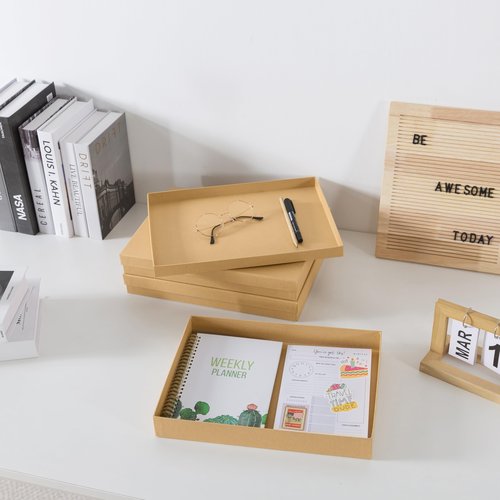 Soul & Lane Document Storage Boxes - Set of 3 (13.2" x 9.8" x 1.8"), Versatile Photo & Craft Organizer for Home Office, Stackable Cardboard Storage for Letters, Papers, Files & Memorabilia, Kraft