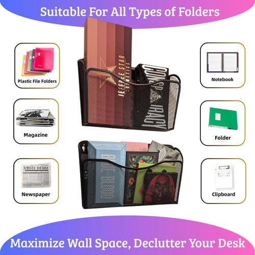 Heavty 3 Single Pocket Mesh Wall File Organizer, Metal Vertical Wall Mounted Magazine Mail Paper Document Folder Holder for Office Home School, Black