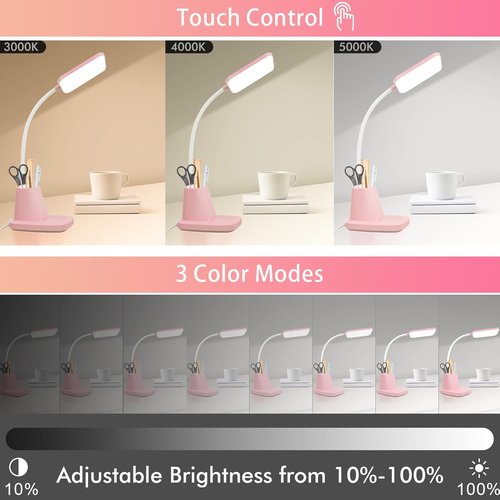 Sailstar Pink Desk Lamp - Wireless Charger & Pen Holder | Dimmable LED with Flexible Arm for Home Office & Kids